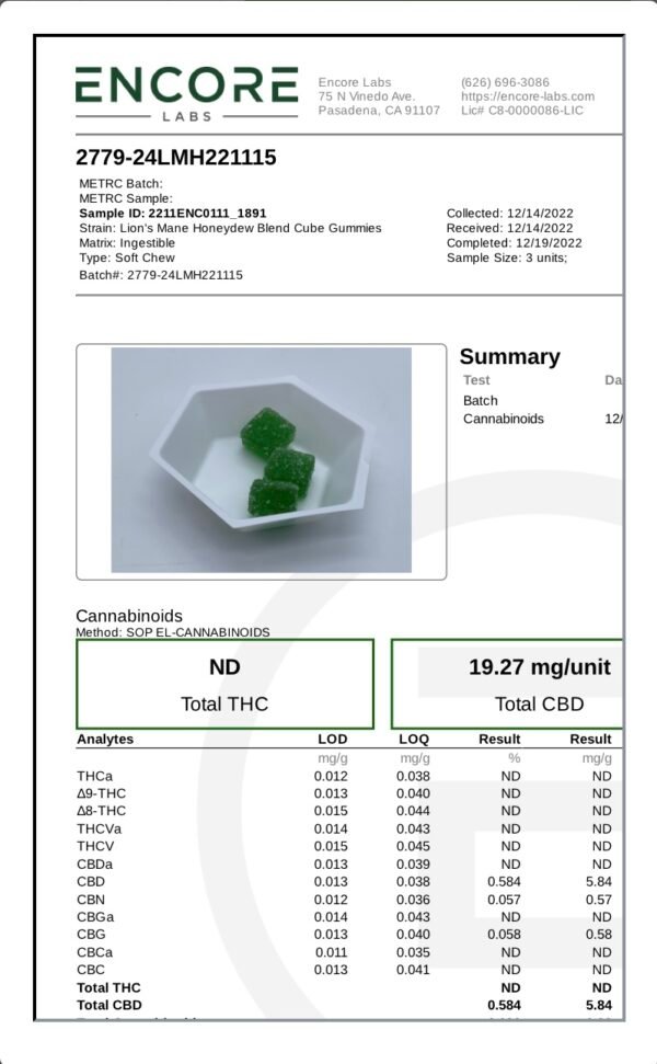 Lion’s Mane Honeydew Melon Cutleaf Mushroom CBD Gummies 1000mg - Image 2