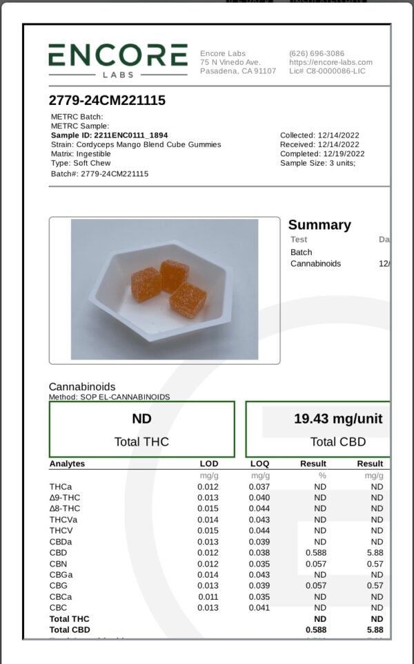 Cordyceps Cutleaf Mushroom Gummies Zero THC 1000mg - Image 2